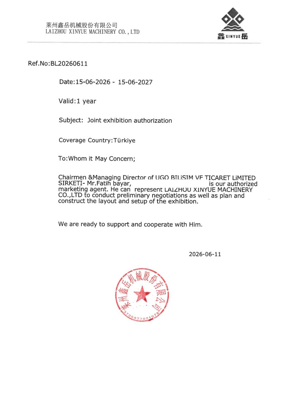 XINYUE — Yetkilendirme Mektubu
